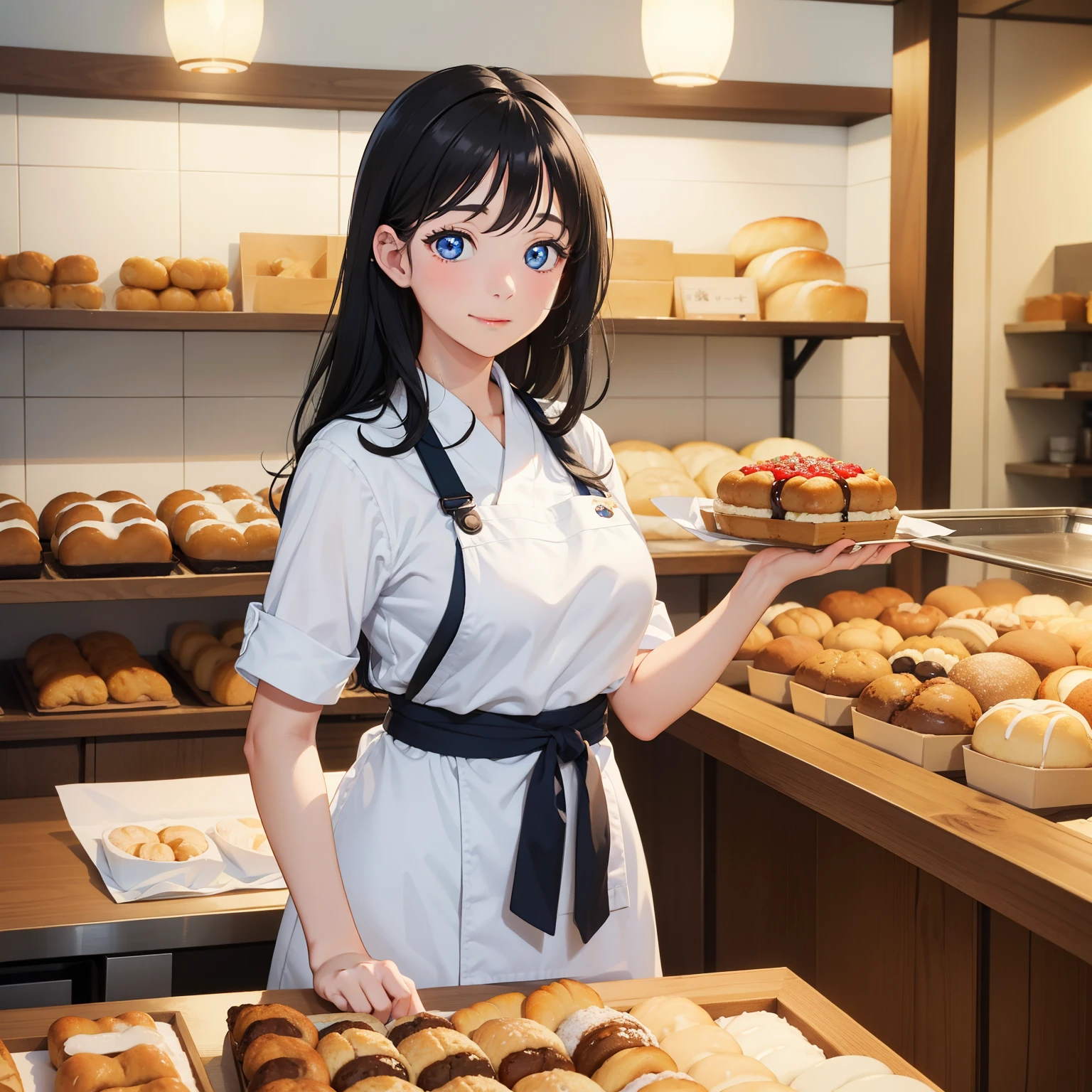 (best quality,8k,masterpiece), a girl with black hair and blue eyes, wearing a bakery uniform, working in a traditional japanese bakery preparing a batch of traditional treats, sparkling eyes, happiness.