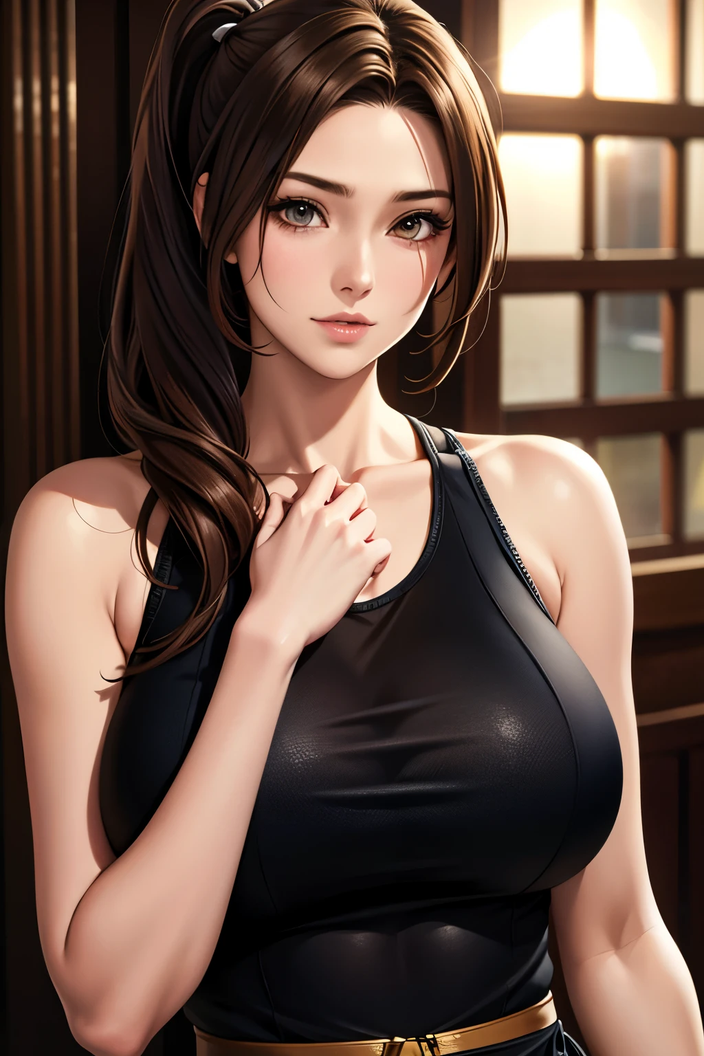 masutepiece, Best Quality, 超A high resolution, (Photorealistic:1.4), Detailed beautiful face, detailed  clothes, Stunning European women, Wearing a tank top, Super Cute, nice perfect face with soft skin perfect face, Gorgeous long ponytail brown hair, 8K resolution,Ultra-realistic,Ultra-detailed,hightquality,  wide vision