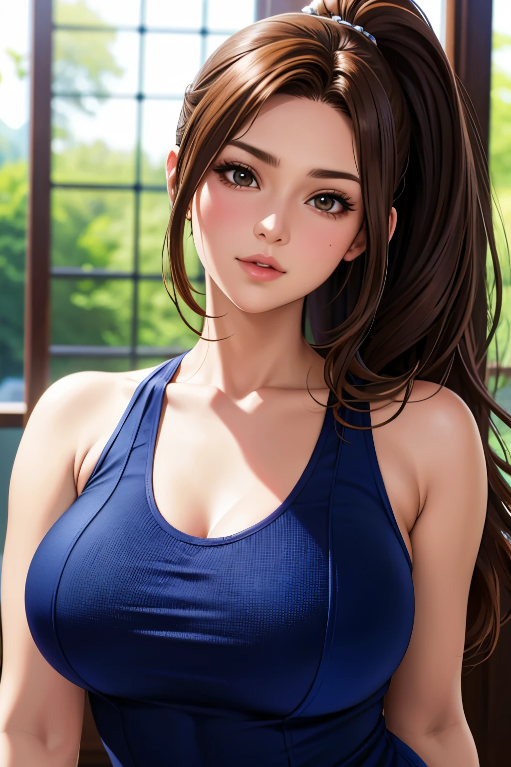 masutepiece, Best Quality, 超A high resolution, (Photorealistic:1.4), Detailed beautiful face, detailed  clothes, Stunning European women, Wearing a tank top, Super Cute, nice perfect face with soft skin perfect face, Gorgeous long ponytail brown hair, 8K resolution,Ultra-realistic,Ultra-detailed,hightquality,  wide vision