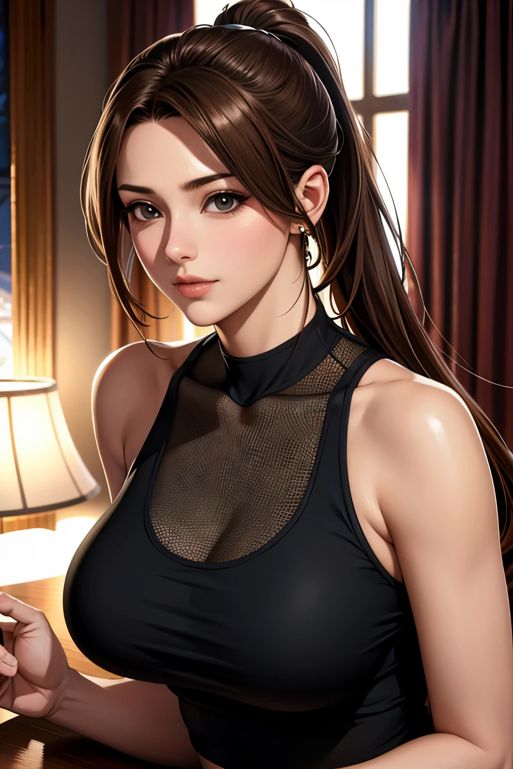 masutepiece, Best Quality, 超A high resolution, (Photorealistic:1.4), Detailed beautiful face, detailed clothes, Stunning European women, Wearing a tank top, Super Cute, nice perfect face with soft skin perfect face, Gorgeous long ponytail brown hair, 8K resolution,Ultra-realistic,Ultra-detailed,hightquality, wide vision