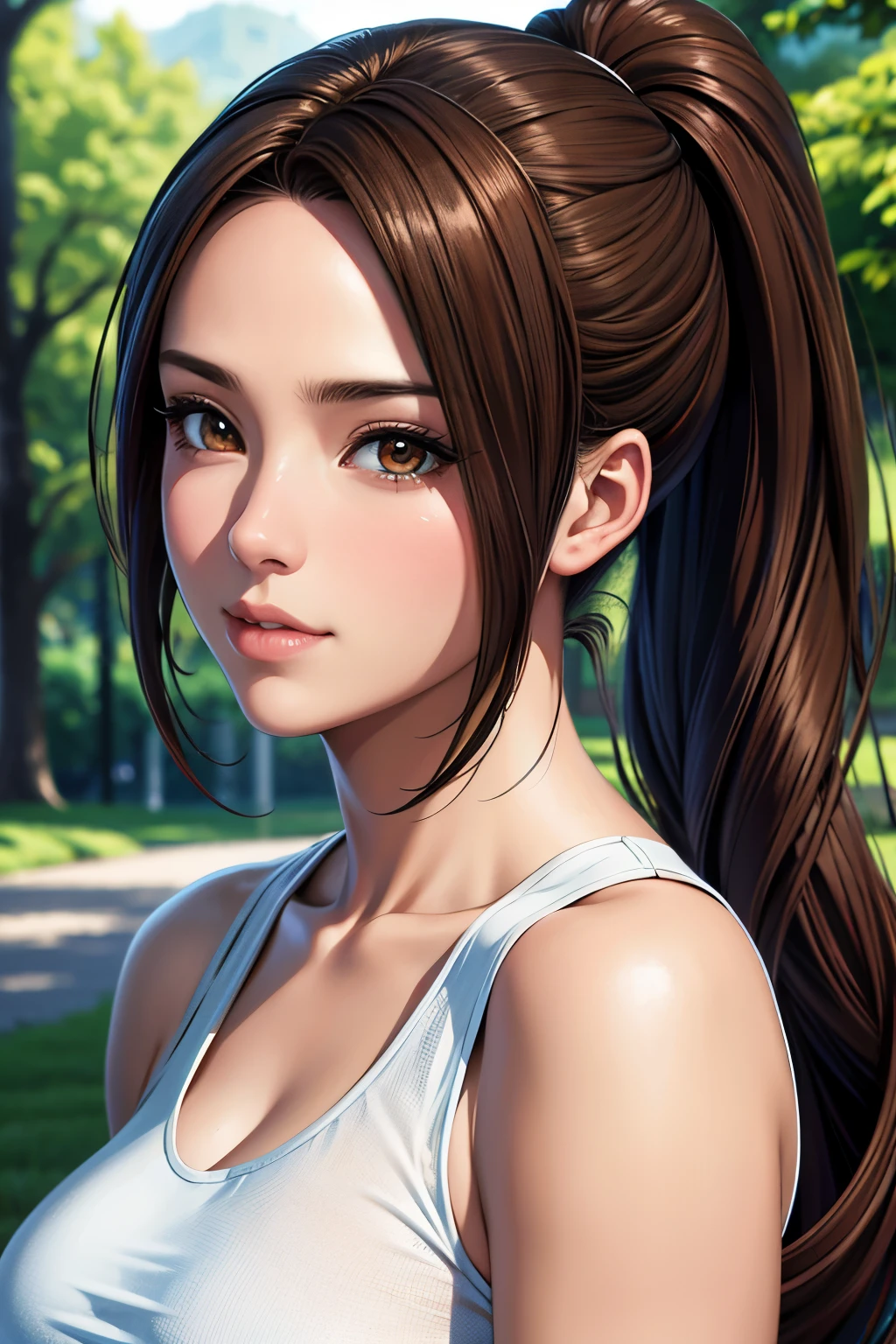 masutepiece, Best Quality, 超A high resolution, (Photorealistic:1.4), Detailed beautiful face, detailed  clothes, Stunning European women, Wearing a tank top, Super Cute, nice perfect face with soft skin perfect face, Gorgeous long ponytail brown hair, 8K resolution,Ultra-realistic,Ultra-detailed,hightquality,  wide vision