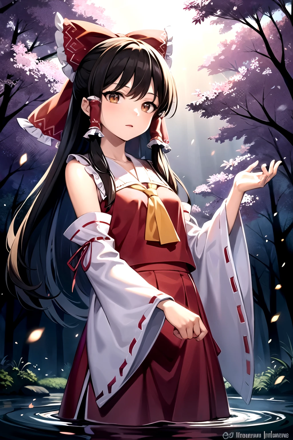 detailed background, masterpiece, best quality, 1girl, hakurei reimu, brown hair, hair tubes, hair ribbon, brown eyes, nontraditional miko, a forest full of purple and white trees, fireflies, water, purple theme, white theme, mystical, magical,
white hair