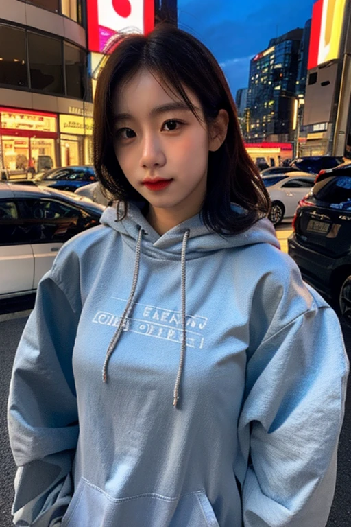 Uji Film XT3, 8K,close up photograph, tmasterpiece, Best quality, (((1 girl))), Alone,actual, ((looking at viewert)), Photo-realistic txt extremely detailed faces), looking at viewert, ((ultra - detailed的眼睛和瞳孔)), ultra - detailed, serious expressions, ((Stand on the city streets at night)), hoody, longer sleeves, (place one's arms behind one's back),
