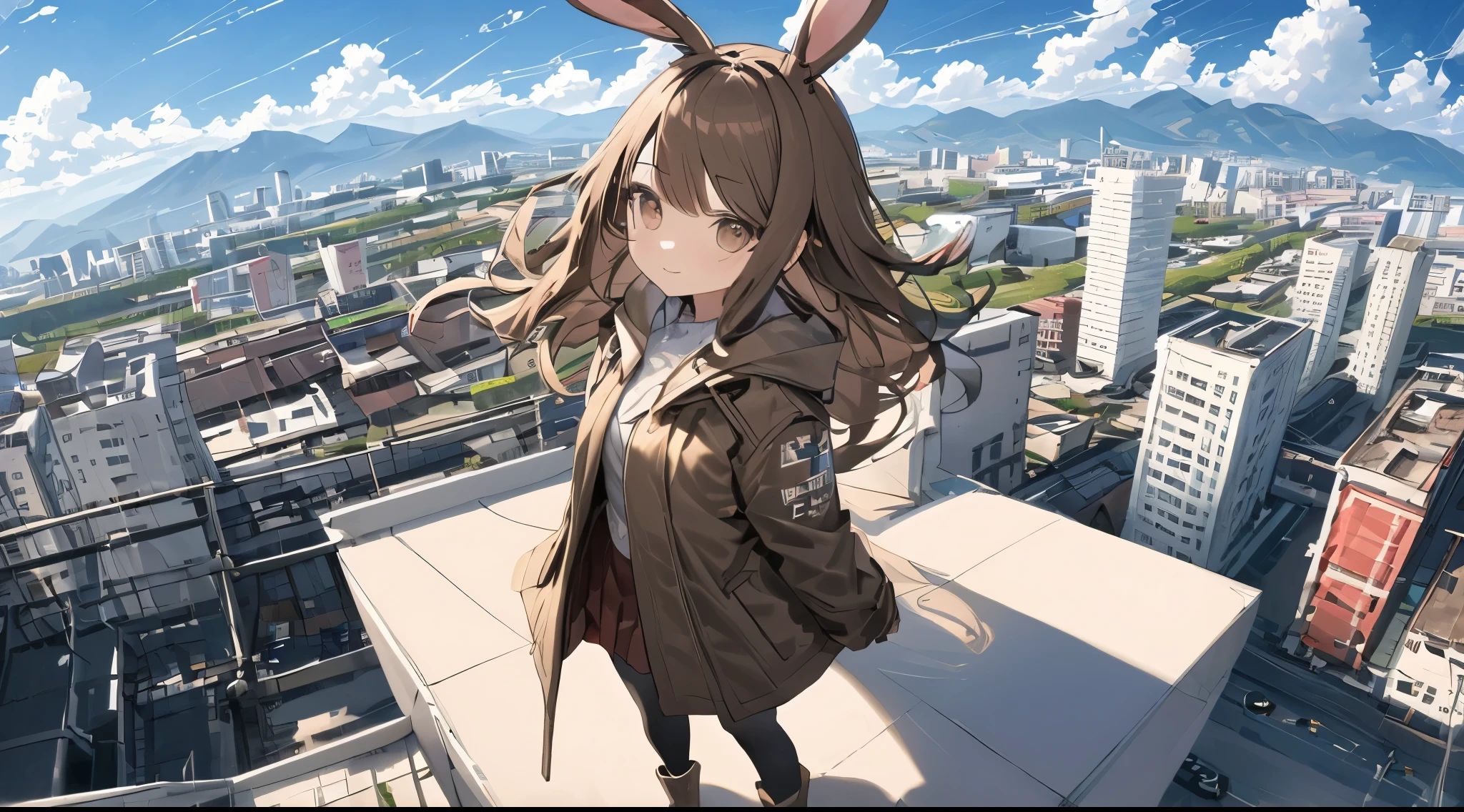 (tmasterpiece,best qualtiy),from the above, 1girll, 独奏, advertising billboard, with brown eye, brown hair, 城市, 多云的Skysky, Manteau, boots, low angles, Shallow frown, looking at viewert, exteriors, the roof, Skysky, skyscrapper,bunny ears,