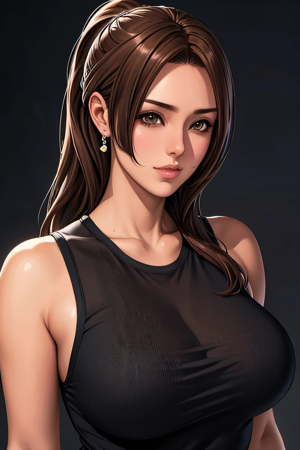 masutepiece, Best Quality, 超A high resolution, (Photorealistic:1.4), Detailed beautiful face, detailed  clothes, Stunning European women, Wearing a tank top, Super Cute, nice perfect face with soft skin perfect face, Gorgeous long ponytail brown hair, 8K resolution,Ultra-realistic,Ultra-detailed,hightquality,  wide vision