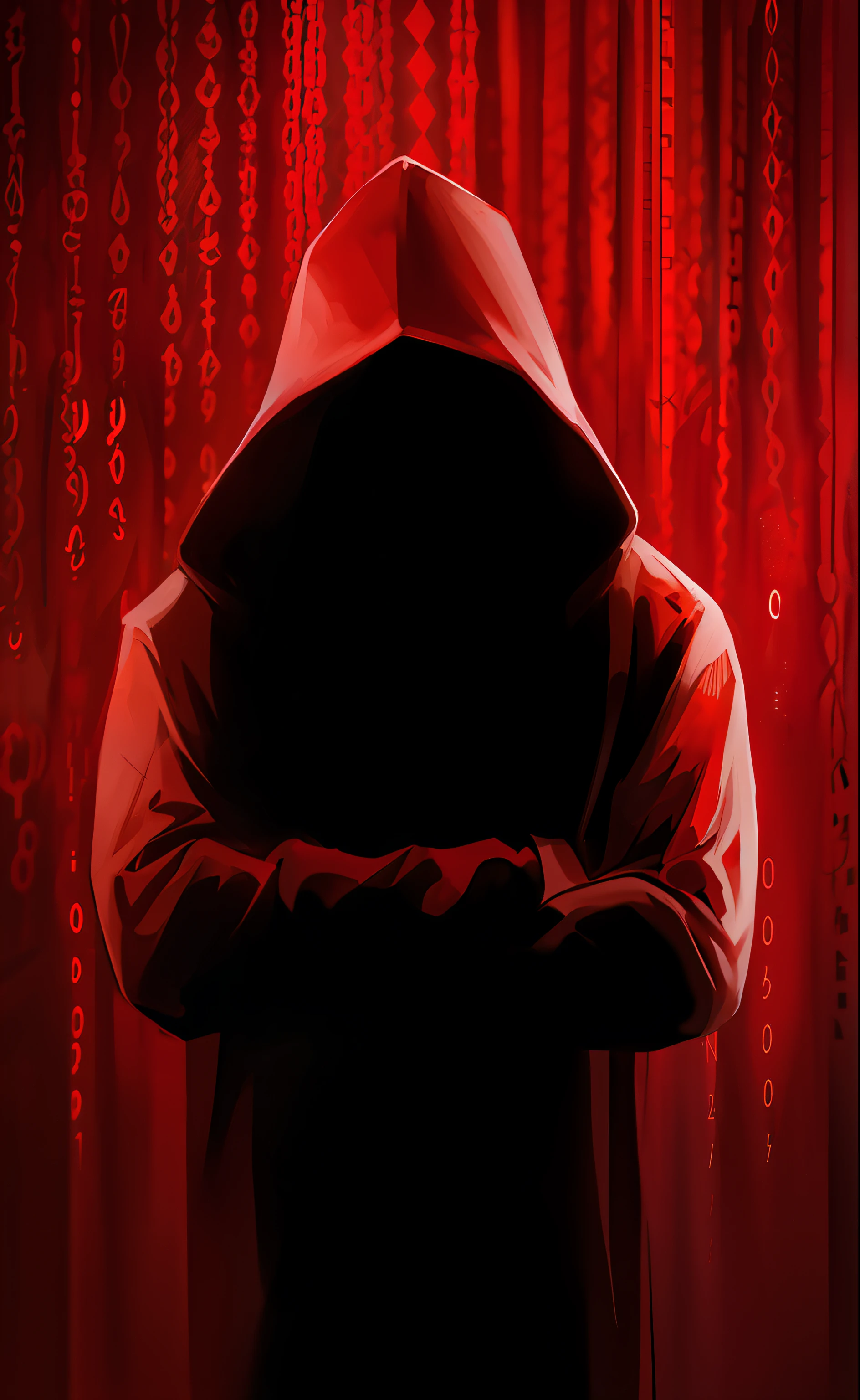 Um homem com capuz fica na frente de um fundo vermelho, Hacking, Capuz vermelho, Hacking into the mainframe, figura envolta, vestindo manto vermelho cultista, figura envolta, Senhor Sith encapuzado encapuzado, Capa e capuz vermelho e preto, usando um capuz vermelho, O metaverso criptografado, encapuzado, usando um capuz escarlate, creating an ominous presence