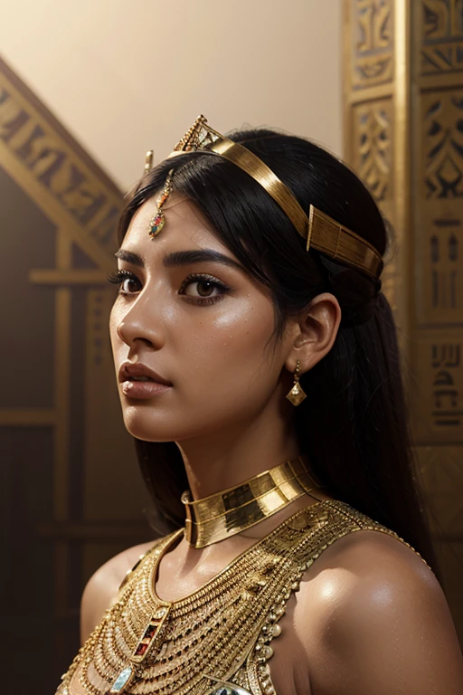 an egyptian princess, in the palace, feminine, powerful, beautiful, elegant, perfect face, wide angle shot, intricate, highly detailed, digital painting, trending on artstation, gloss, concept art, sharp focus, stylized painting, fine masterpiece arts, incredibly detailed, reflection, octane, (detailed face)