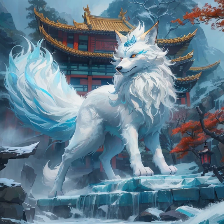 폭포 근처 바위 위에 서 있는 White Wolf의 클로즈업, kitsune three tailed fox, mythical creatures, Furry Fantasy Art, Onmyoji detailed art, mythical creatures, making: Yang J, white - haired fox, kitsune, three tailed fox, Chinese Fantasy, nine stories, highly detailed fantasy art, Traditional arts, White Wolf