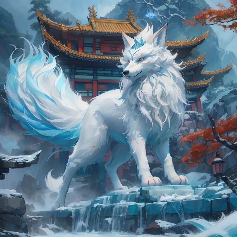 폭포 근처 바위 위에 서 있는 White Wolf의 클로즈업, kitsune three tailed fox, mythical creatures, Furry Fantasy Art, Onmyoji detailed art, mythical creatures, making: Yang J, white - haired fox, kitsune, three tailed fox, Chinese Fantasy, nine stories, highly detailed fantasy art, Traditional arts, White Wolf