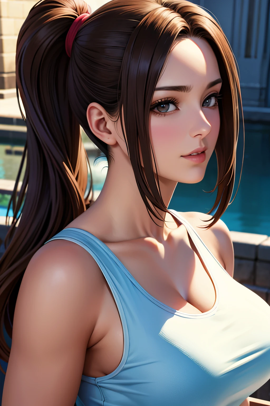 masutepiece, Best Quality, 超A high resolution, (Photorealistic:1.4), Detailed beautiful face, detailed clothes, Stunning European women, Wearing a tank top, Super Cute, nice perfect face with soft skin perfect face, Gorgeous long ponytail brown hair, 8K resolution,Ultra-realistic,Ultra-detailed,hightquality, wide vision