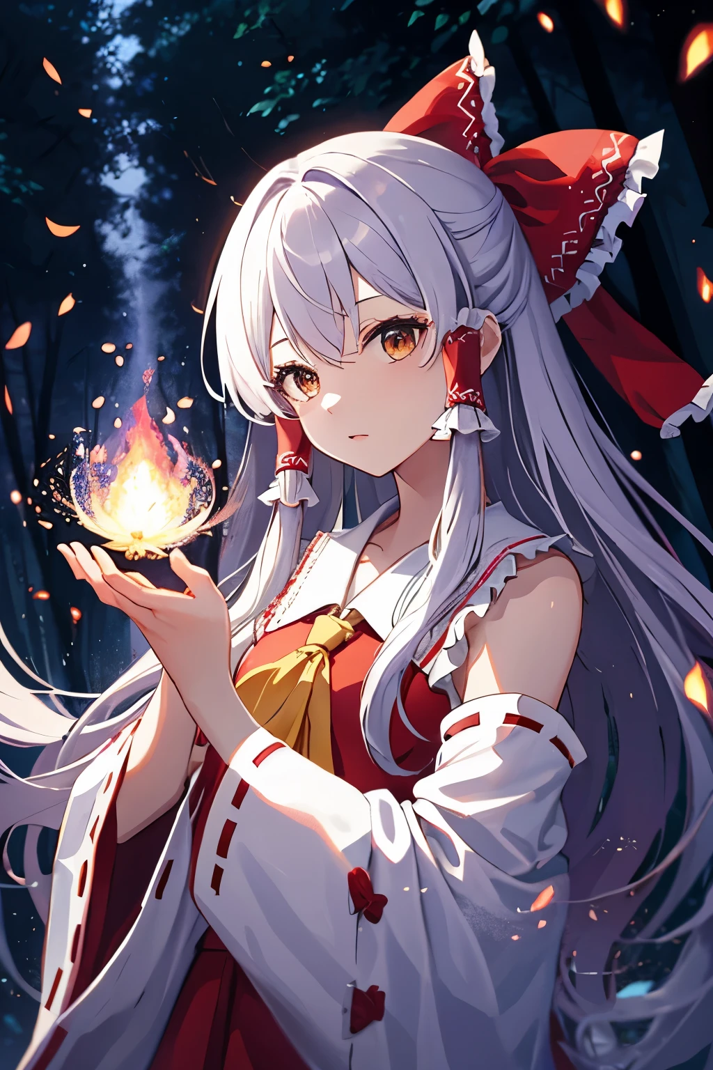 detailed background, masterpiece, best quality, 1girl, hakurei reimu, brown hair, hair tubes, hair ribbon, brown eyes, nontraditional miko, a forest full of purple and white trees, fireflies, water, purple theme, white theme, mystical, magical,
white hair