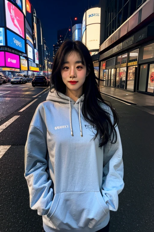 Uji Film XT3, 8K,close up photograph, tmasterpiece, Best quality, (((1 girl))), Alone,actual, ((looking at viewert)), Photo-realistic txt extremely detailed faces), looking at viewert, ((ultra - detailed的眼睛和瞳孔)), ultra - detailed,sad expressions, ((Stand on the city streets at night)), hoody, longer sleeves,