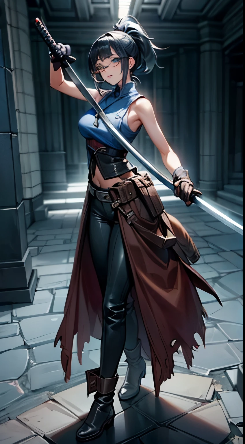 A beautiful female swordsman standing in the old dungeon, fullbody, solo, Female, tall, beautiful, black hair, ponytail, long bangs, insanley detailed face and eyes, blue eyes, glasses, Perfect lips, light smile, big breast, (sleeveless, bare shoulder, leather vest, long leather robe, leather pants, boots, gloves ), hand up, hand holding katana, looking to viewer, masterpiece, Aesthetic, dramatic, cinematic lighting, fine expression, fine detail, dark vibes,