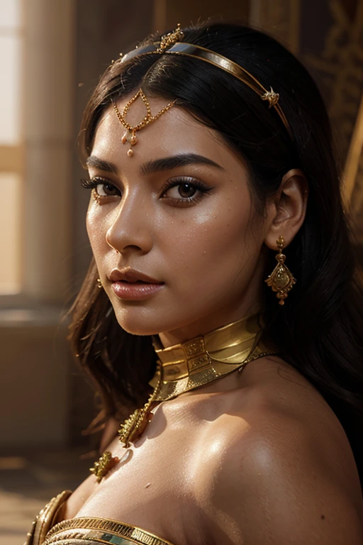 an egyptian princess, in the palace, feminine, powerful, beautiful, elegant, perfect face, wide angle shot, intricate, highly detailed, digital painting, trending on artstation, gloss, concept art, sharp focus, stylized painting, fine masterpiece arts, incredibly detailed, reflection, octane, (detailed face)
