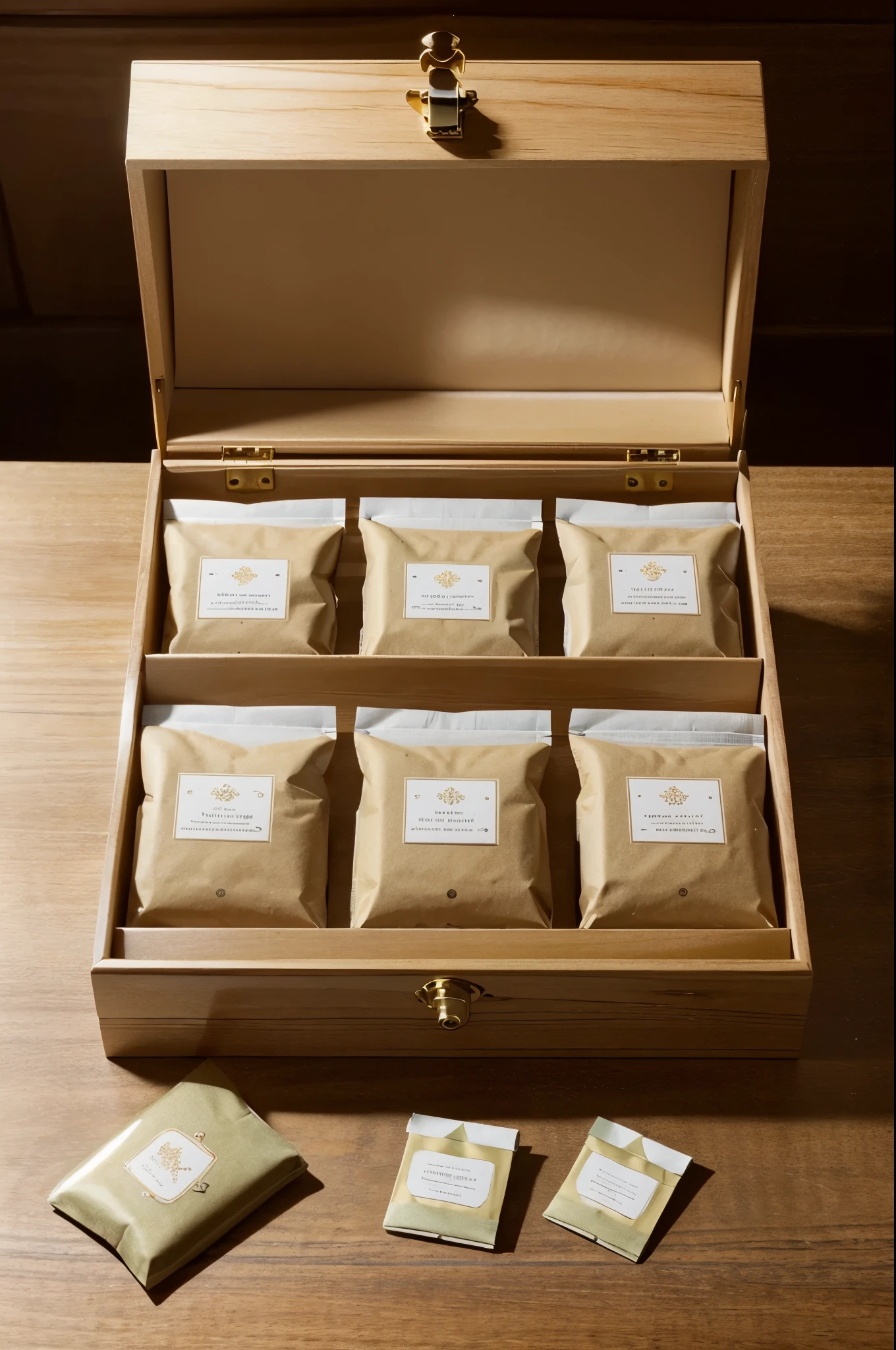 An exquisite plain gift box with a slight glossy effect on the outer surface. After opening the gift box, you can see that there are packages of small tea brewing bags inside. The tea brewing bags are neatly arranged in the gift box, showing a For an orderly and organized aesthetic, use a detailed divider or lining to ensure each tea bag retains its place