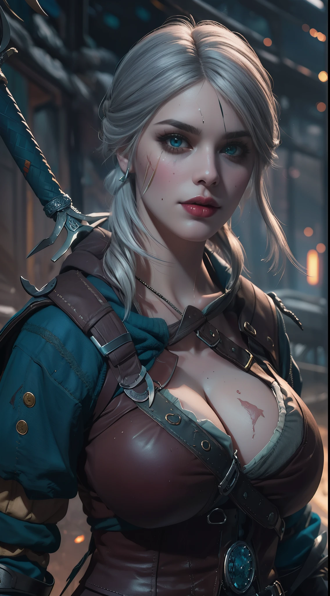 (masterpiece:1.3), (8k, photorealistic, RAW photo, best quality: 1.4), (1girl), (((Ciri from Witcher 3 with huge massive breasts))), overflowing cleavage, buttons straining, breast expansion,beautiful face, (realistic face), beautiful white hair, realistic green eyes, beautiful detailed green eyes, (realistic skin), beautiful skin, (sweater), absurdres, attractive, ultra high res, ultra realistic, highly detailed, golden ratio, deep cleavage,  sword hilt, ((facial curved scar  left cheek)), ((hilt  of sword Zireael)),