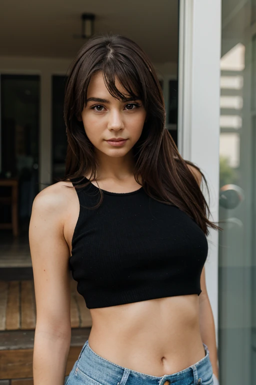 ((best quality)), ((masterpiece)), (detailed), perfect face realistic photo of beautiful woman with long dark brown hair, Russian, influencer, light freckles, dark brown eyes, big lips, no makeup, insagram, standing next to black wall, yoga outfit
