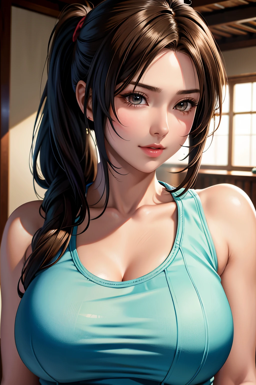 A woman in a blue top is posing for a picture - SeaArt AI