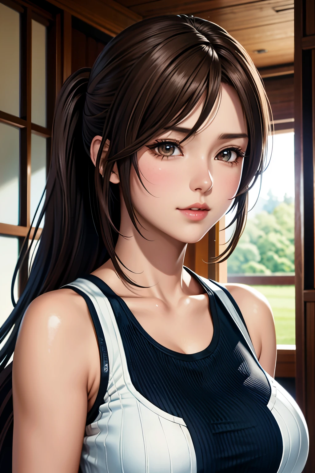 masutepiece, Best Quality, 超A high resolution, (Photorealistic:1.4), Detailed beautiful face, detailed clothes, Stunning European women, Wearing a tank top, Super Cute, nice perfect face with soft skin perfect face, Gorgeous long ponytail brown hair, 8K resolution,Ultra-realistic,Ultra-detailed,hightquality, wide vision