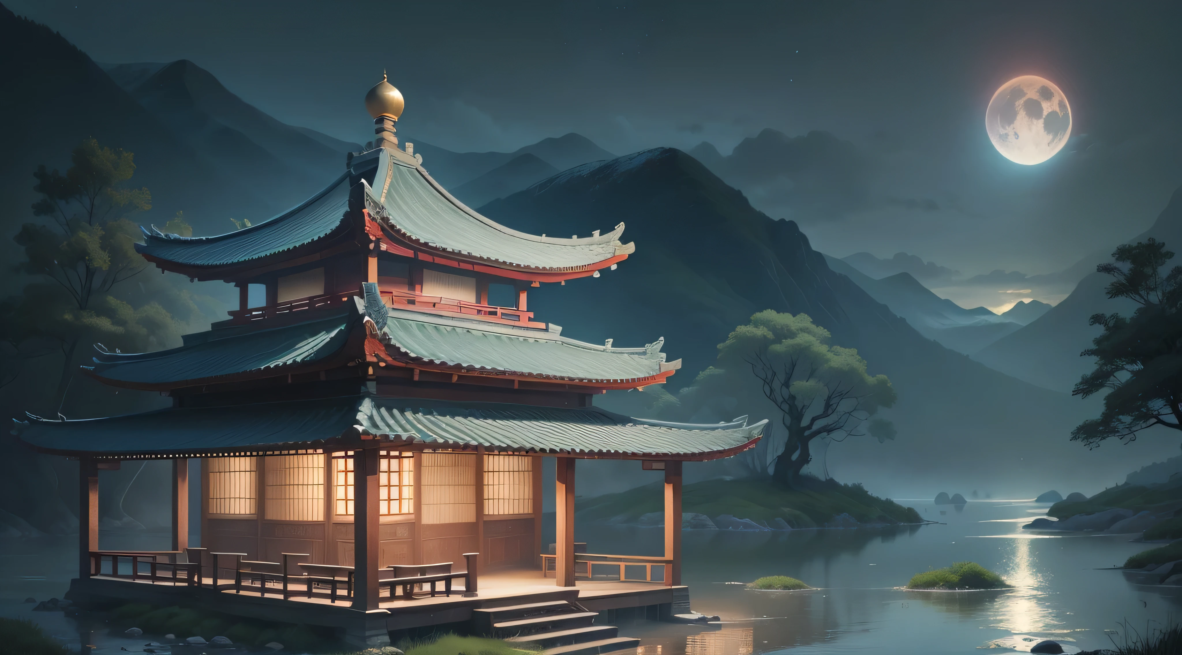 Masterpiece, best quality, Chinese martial arts style, Asian night view with lanterns and water lilies, Asian pond night view with many lanterns and boats with many lights and boats in water, lake, lotus, beautiful night view, (((Chinese martial arts style))), vast sky, mountain cliffs, ink style, contour light, atmospheric atmosphere, depth of field, fog rising, bamboo, pine tree, octagonal stone pavilion, waterfall flowing water, big full moon,