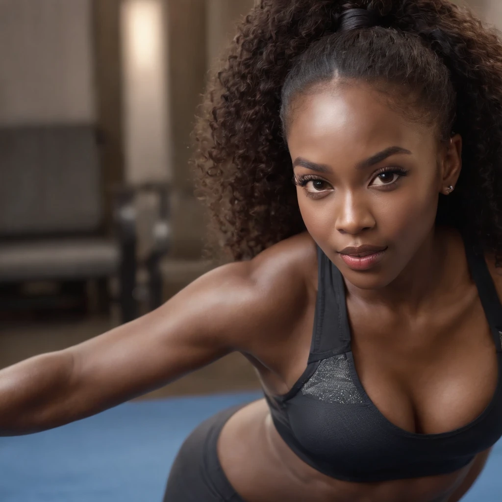 ((Dark African skin, Very deep ebony skin)), ((Its beauty is undeniable)), ((Excited cute face)), ((Hyper detailed perfect eyes,)), ((Language output)), ((Seductive)), sexy, ((sports underwear)), ((Afro ponytail with long African curly hair, lipstick, mascara)), ((skin)), ((oiled body)), ((Looking at viewer)), ((laying, on top of bed, full body, view from above)), ((squid)), ((gym)), Sharp Focus CGI, photorealistic, High detail, Realistic, Masterpiece, absurd, Best quality, Hdr, High quality, high-definition, Extremely detailed, 8k wallpaper, Intricate details, 8K UHD, Full-HD, (photo realist:1.2), contrast, intense illumination, lighting cinematic, natural lighting, Illumination globale, open mouth, African women, Female sexy.