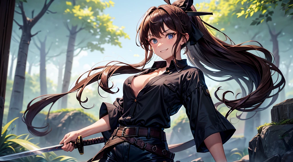1girl, solo, full body, village, trees, brown hair, long hair, curly hair, ponytail, large breasts, button down shirt, ninja, ((black shirt)), ((unbuttoned shirt)), ((short sleeved shirt)), blue eyes, black shorts, samurai sword, grin, looking at the viewer, standng, hair ribbon