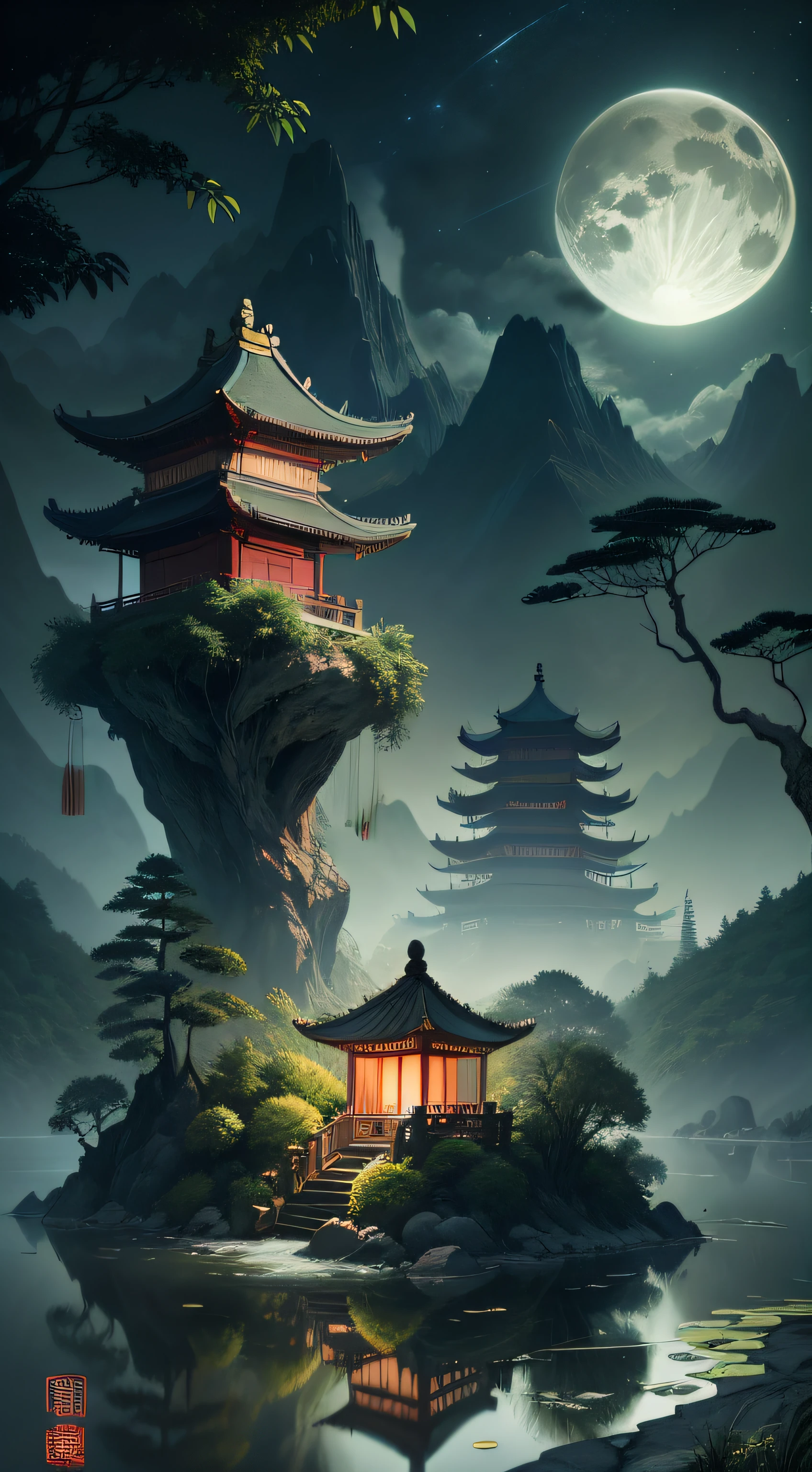 Masterpiece, best quality, Chinese martial arts style, Asian night view with lanterns and water lilies, Asian pond night view with many lanterns and boats with many lights and boats in water, lake, lotus, beautiful night view, (((Chinese martial arts style))), vast sky, mountain cliffs, ink style, contour light, atmospheric atmosphere, depth of field, fog rising, bamboo, pine tree, octagonal stone pavilion, waterfall flowing water, big full moon,