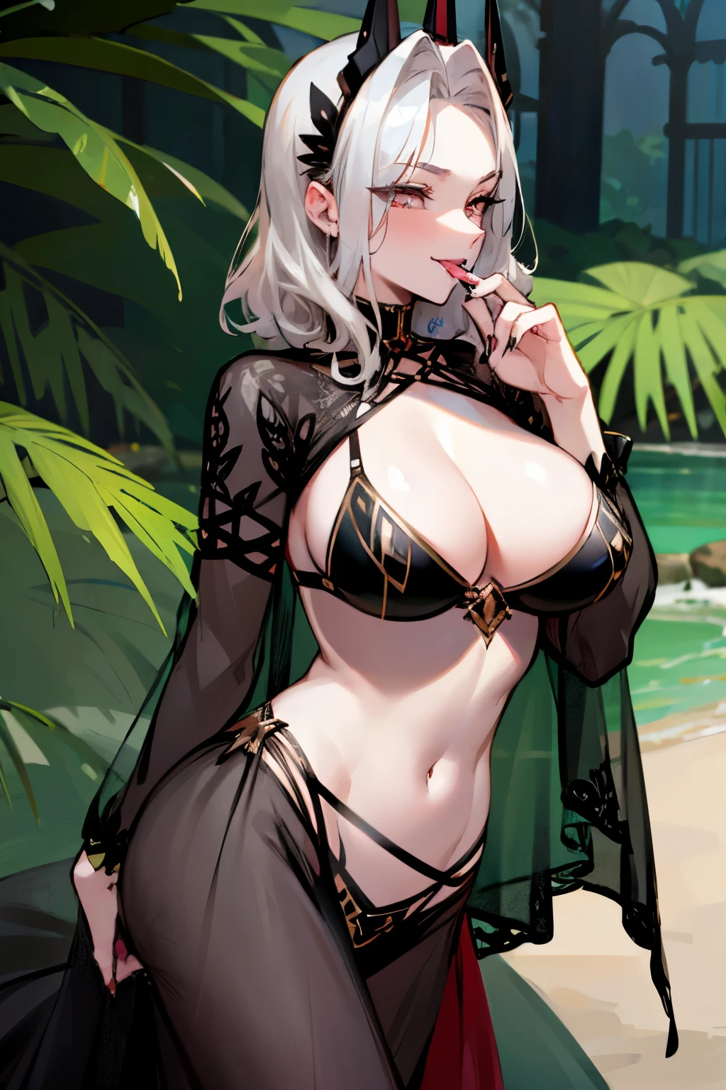 supermodel girlfriend Carmilla licking her fingers suggestively, luxury black bikini, see-through gown