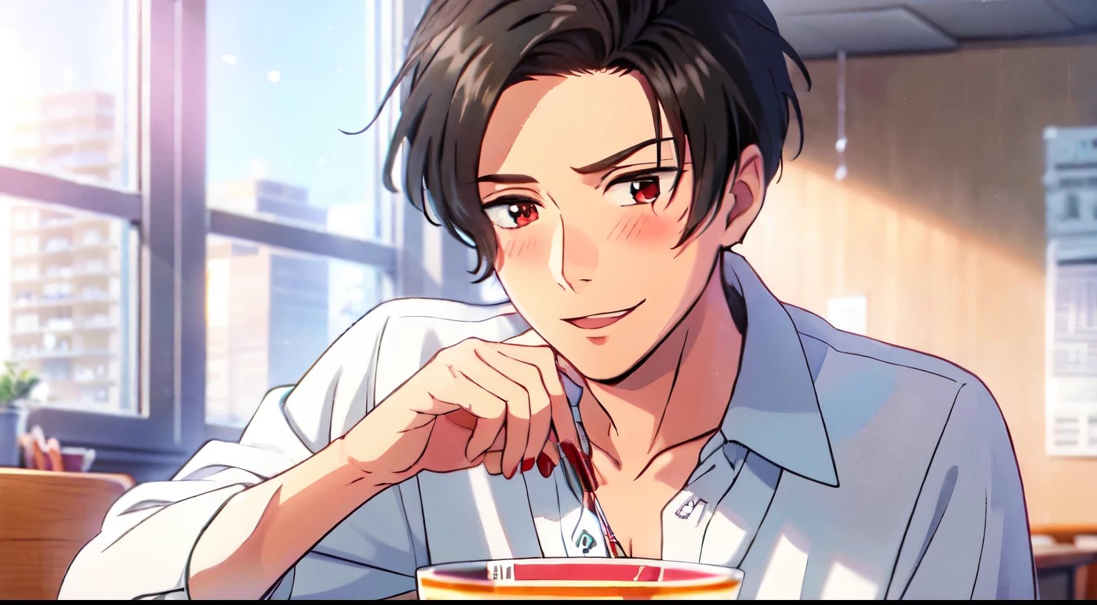 masterpiece, 1Man, luci, red eyes, black hair, blush, light smile, white blouse, day, window, pop corn on desk