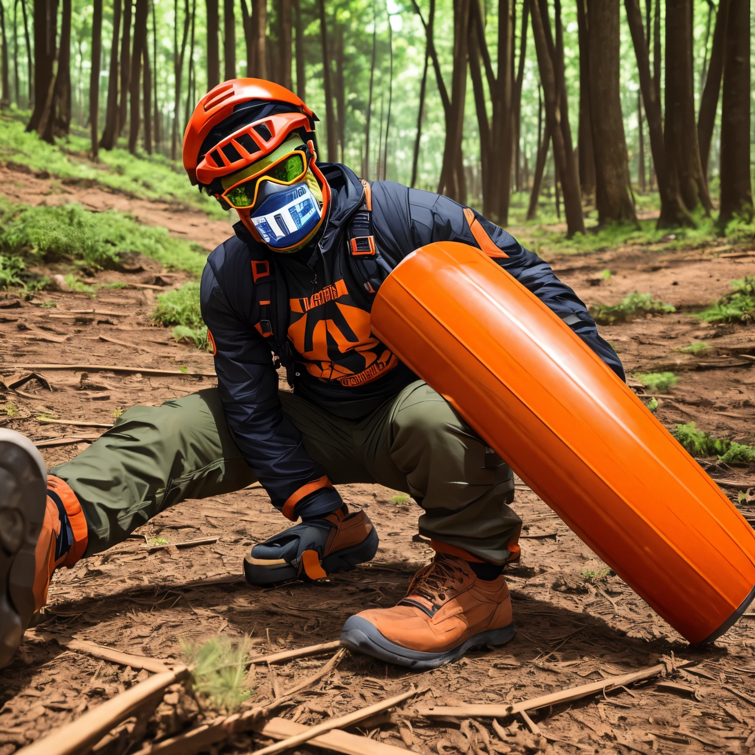 Homem moreno alto usando capacete bege, farda bege com folhas secas, bota bege, black glasses with orange lenses, mask with dandelions, with the title Tony Bravo in the background, explosion in the background forest