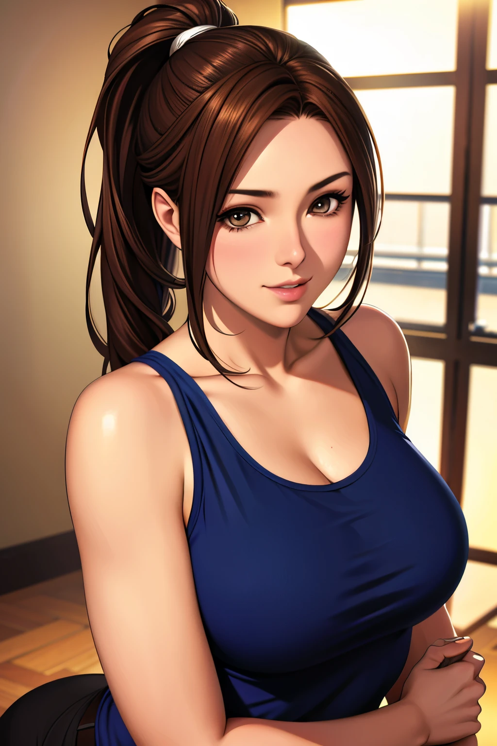 masutepiece, Best Quality, 超A high resolution, (Photorealistic:1.4), Detailed beautiful face, detailed  clothes, Stunning European women, Wearing a tank top, Super Cute, nice perfect face with soft skin perfect face, Gorgeous long ponytail brown hair, 8K resolution,Ultra-realistic,Ultra-detailed,hightquality,  wide vision