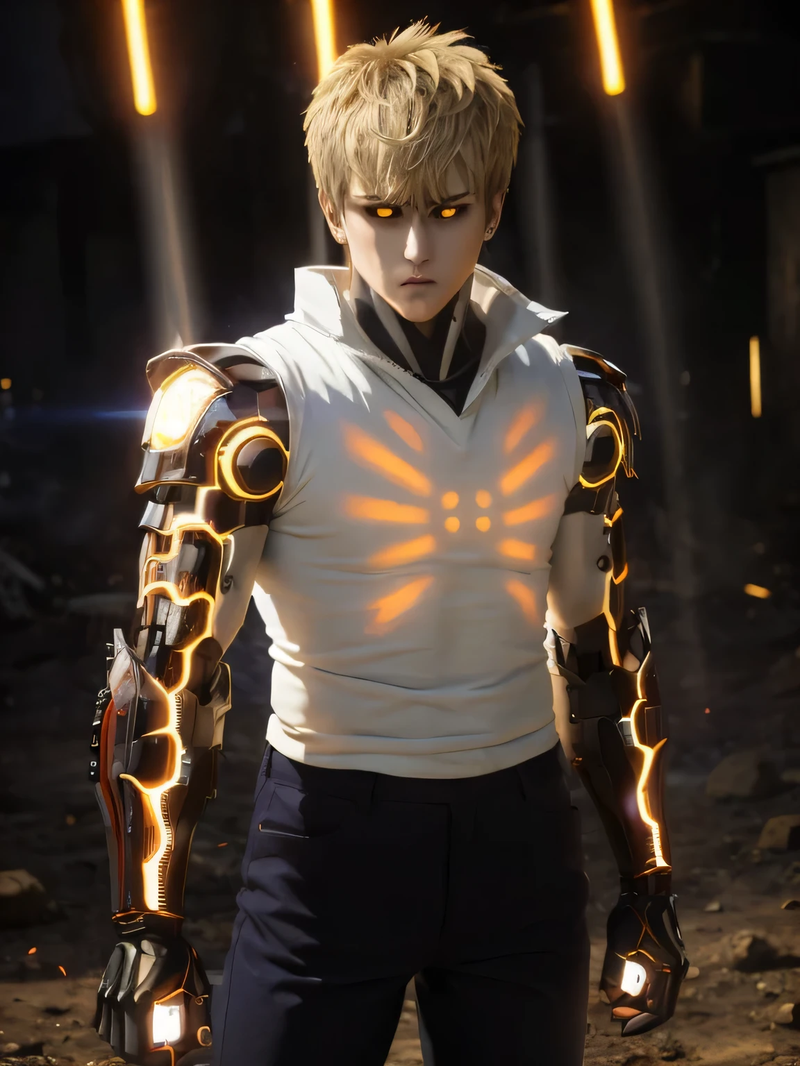 (masterpiece, best quality:1.4), colorful, high contrast, genos white shirt, sleeveless, black pants, mechanical arms, glowing, glowing eyes, glowing hand, standing, fighting stance