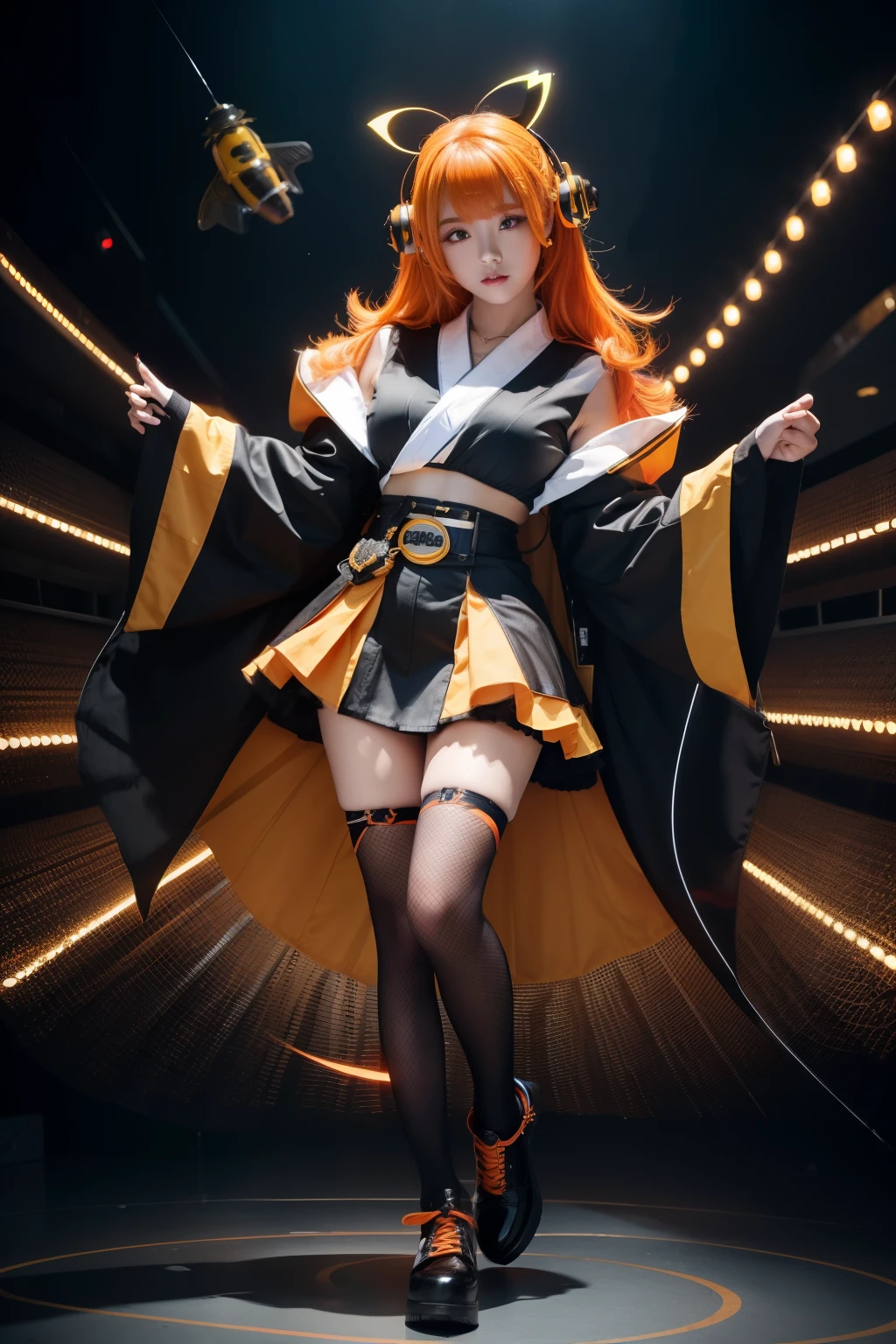 Esbian, a female idol covered in a fantastic black lightning body、、Thunder bee covered miniskirt kimono、、Orange hair、Fishnet stockings made of lightning