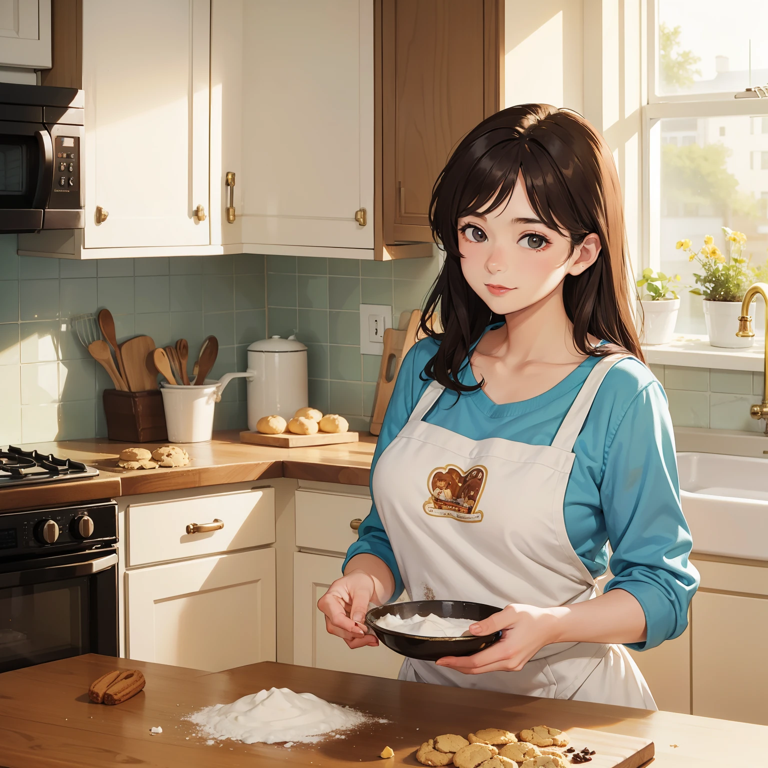 woman, Age 20, A MILF, Bake cookies in a sunny kitchen, Surrounded by flour, Stir the bowl, Naughty pets want to be treated