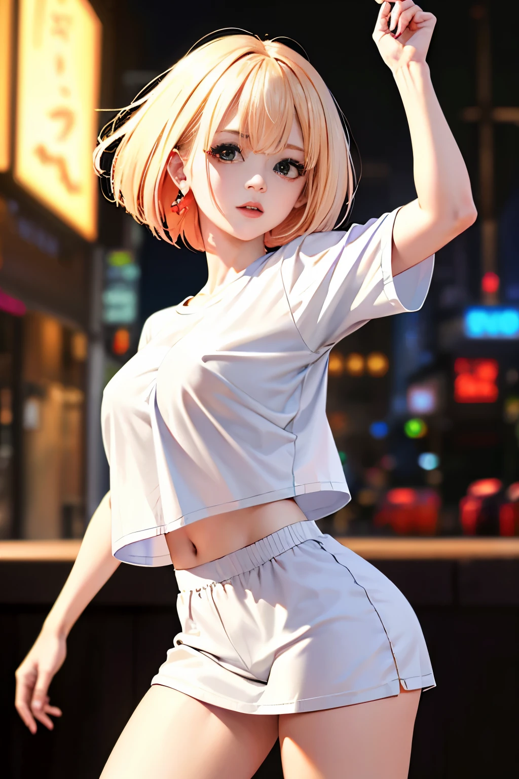 optimum，tmasterpiece，hight resolution，best qualtiy，hyper HD，super detailing，awardwinning，16 K，独奏，（The upper part of the body），??????? correct，Beautiful cyberpunk girl，cowboy  shot、cute  face，，a blond、bob cuts、Red ribbon hair ornament、Hairline，（（scarlet eyes）），long eyelasher，Hanging eye corners，White skin of the，((Shoot from behind)), ((white t-shirts:1.5)), ((Sheer nipples))、Rocket Tits, （Slim body），