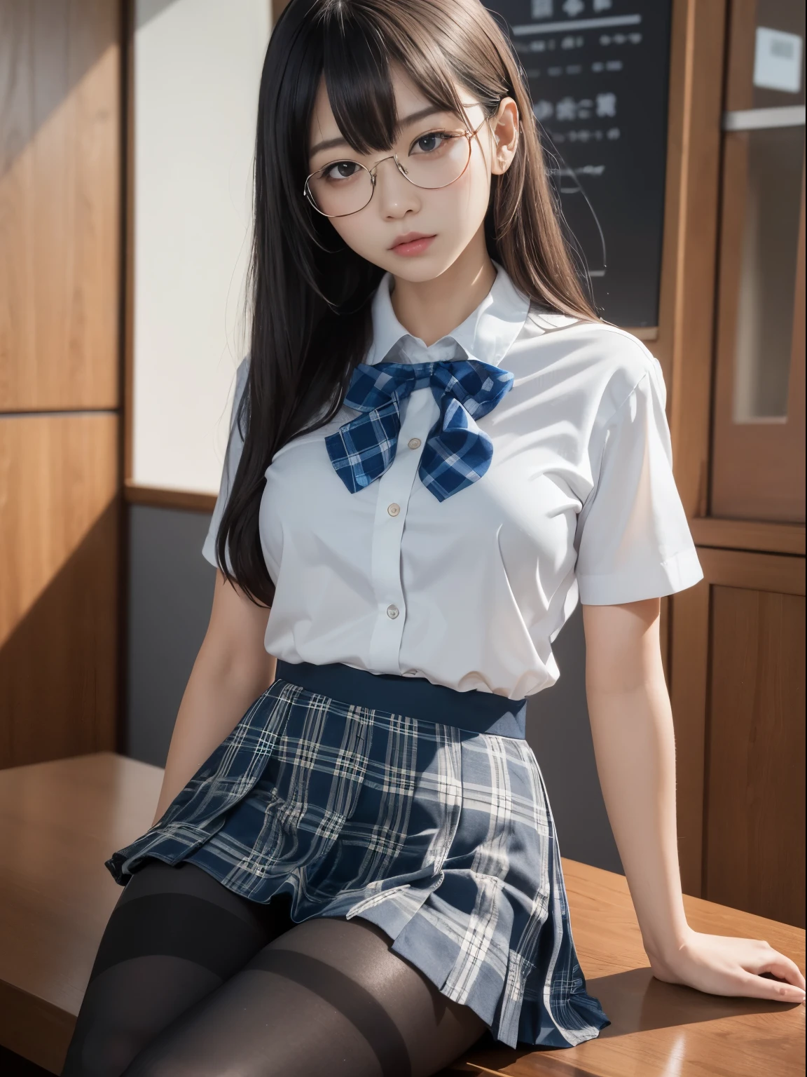 (I see underwear)、((細いThe eye))、((細いThe eye))、((細いThe eye))、(8K、生a picturegraphy、top-quality、masterpiece:1.2),、Has a small、(flat breast)、(flat breast)、(flat breast)、(flat breast)、(flat breast)、(being thin)、light skinned、skin whitening、Dark look、Rasping,glamor,light skinned肌,cocky,School,watching at viewers,Looking at the front,Muchimuchi,High-pitched clothing,Erotic,Pupils,de pele branca,kne,((Black pantyhose)),absurderes,a small face,,Forehead visible,Bangs hanging from the left and right sides of the forehead,(a cold expression,The eyeがきつめ,glares,Bullish,irate)、masterpiece,top-quality、超A high resolution,生a picture,ren,Beautiful fece,One Person, 独奏,eye glass,,Dark look,Small breasts,fullllbody,(まるeye glass),JK school uniform,hi-school girl,A Japanese Lady, (Photorealsitic:1.37)、Photon mapping,Realistic、Beautie,Cute little face,ブラウンThe eye、Black socks、(Red bow tie)、Radio City、Physically Based Rendering、depth of field rally background、a picture,Body,beauty legs, Long legs, Thin leg,(Bangs are visible), hair, s lips, Blue_The eye, nosesoft,(Light blue shirt), (Navy and blue and white plaid pleated skirt), kneが見える,Sheer clothing,, Thigh, Black cotton socks,Nogizaka Idol, , Japanese ido