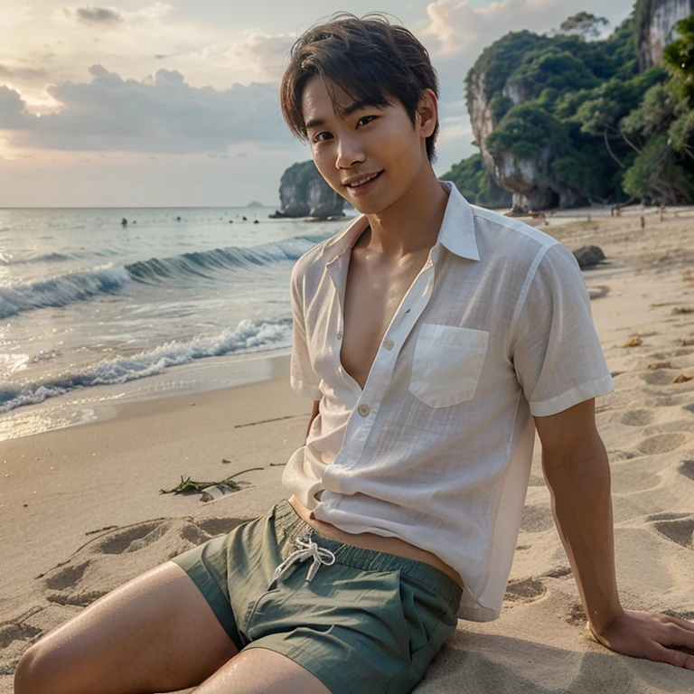 Capture a relaxed, impromptu-style photo of Haruto Kim, a Korean-Thai man in his early twenties with an oval face, almond-shaped brown eyes, and stylish messy ash brown hair at Railay Beach, one of Thailand's most stunning seaside destinations with a golden retriever dog by his side. Haruto is casually lounging on the white sands, with the iconic limestone cliffs and crystal-clear Andaman waters in the background. He's in light beachwear, a linen shirt paired with swim shorts. The shot is taken as if by a friend, sharing a moment of serenity during the golden hour when the setting sun bathes the scene in a warm, amber light. Haruto's smile and relaxed posture invite viewers to share in the tranquility of this tropical paradise.