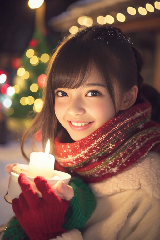 (Best Quality,Photorealistic,hight resolution),2girls,Beautiful detailed eyes,Beautiful detailed lips,Smiling,Laughing,Cute,Christmas Eve,Happy,having fun,Winters,Joyful,excited,Twinkling lights,Decorated Christmas Tree,clew,cosy atmosphere,Warm fireplace,magical moments,sparkling stars,Glowing candles,snowflakes falling,ground covered with soft snow,colorful holiday decorations,red and green colors,Elegant dresses,Fluffy scarves,Happy memories,cherish sisterhood,love and laughter、12-year-old sisters、a baby face、childish、Looking at the camera、Present Box、