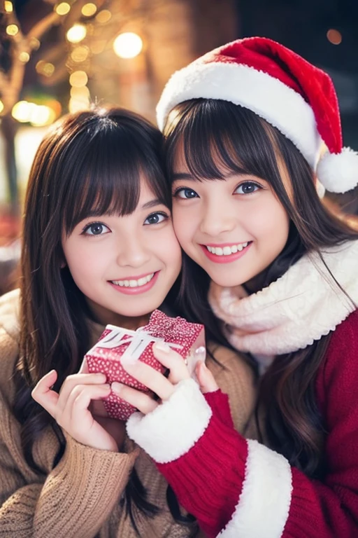 (Best Quality,Photorealistic,hight resolution),2girls,Beautiful detailed eyes,Beautiful detailed lips,Smiling,Laughing,Cute,Christmas Eve,Happy,having fun,Winters,Joyful,excited,Twinkling lights,Decorated Christmas Tree,clew,cosy atmosphere,Warm fireplace,magical moments,sparkling stars,Glowing candles,snowflakes falling,ground covered with soft snow,colorful holiday decorations,red and green colors,Elegant dresses,Fluffy scarves,Happy memories,cherish sisterhood,love and laughter、12-year-old sisters、a baby face、childish、Looking at the camera、Present Box、