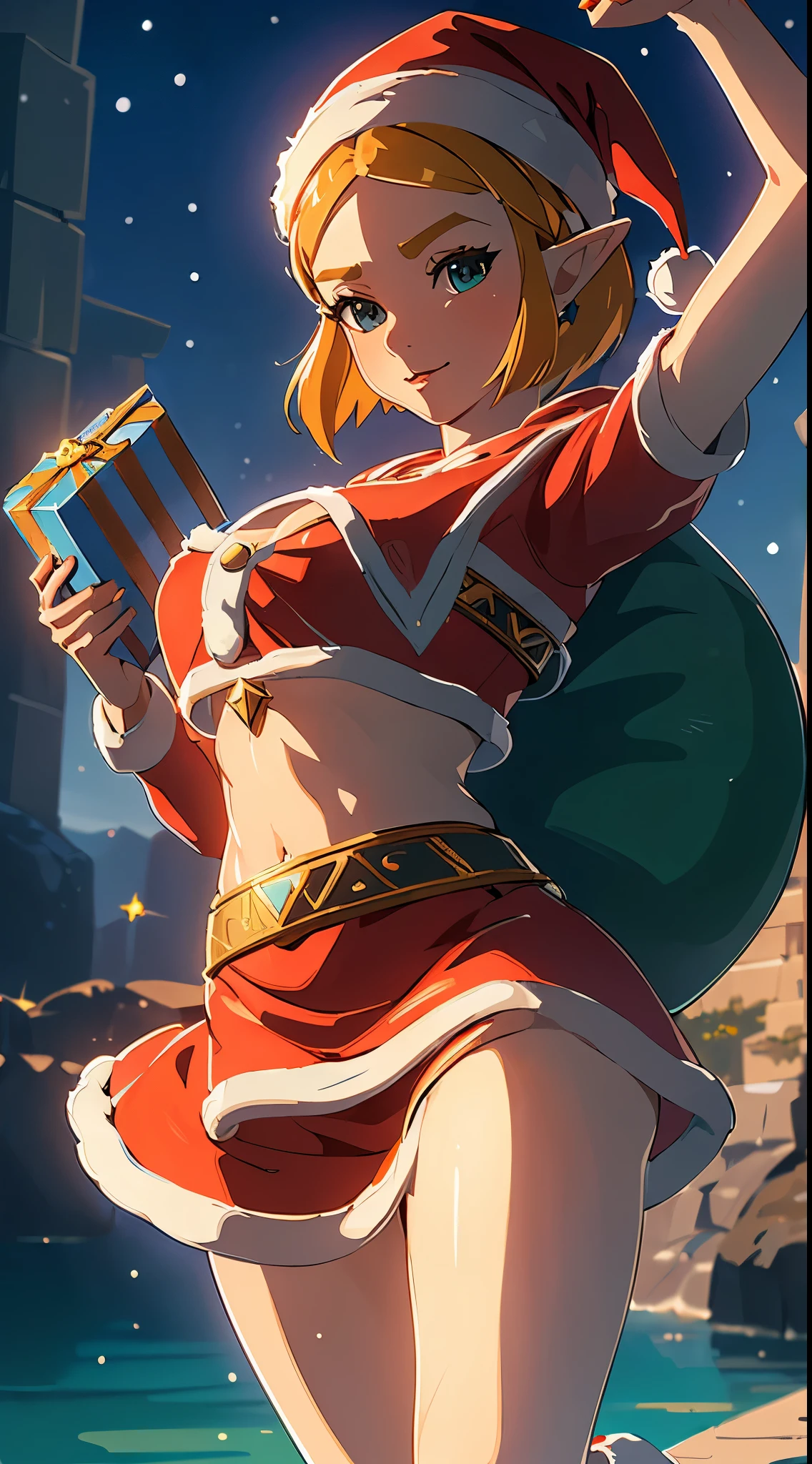 ((masterpiece,best quality)),zelda\(princess\), 1girl, solo, breasts,short_hair,dress,portrait,looking at viewer,smile,8k wallpaper,in the lake,black_cape,close up, (santa hat), ((santa sweatshirt, santa skirt, santa outfit))