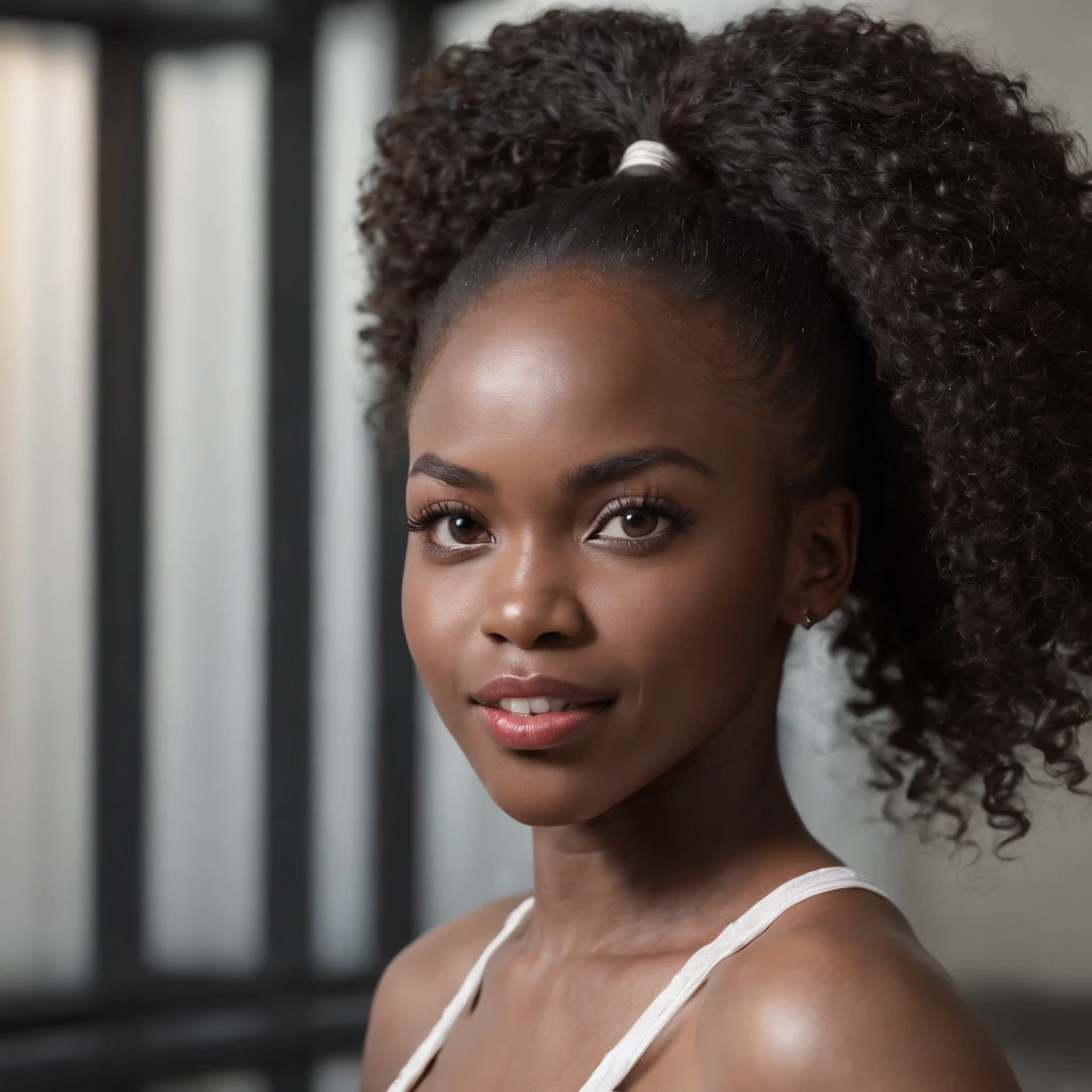 ((Dark African skin, Very deep ebony skin)), ((Its beauty is undeniable)), ((Excited cute face)), ((Hyper detailed perfect eyes,)), ((Language output)), ((Seductive)), sexy, ((sports underwear)), ((Afro ponytail with long African curly hair, lipstick, mascara)), ((skin)), ((sweaty body)), ((Looking at viewer)), ((full body)), ((squat)), ((gym)), Sharp Focus CGI, photorealistic, High detail, Realistic, Masterpiece, absurd, Best quality, Hdr, High quality, high-definition, Extremely detailed, 8k wallpaper, Intricate details, 8K UHD, Full-HD, (photo realist:1.2), contrast, intense illumination, lighting cinematic, natural lighting, Illumination globale, open mouth, African women, Female sexy.