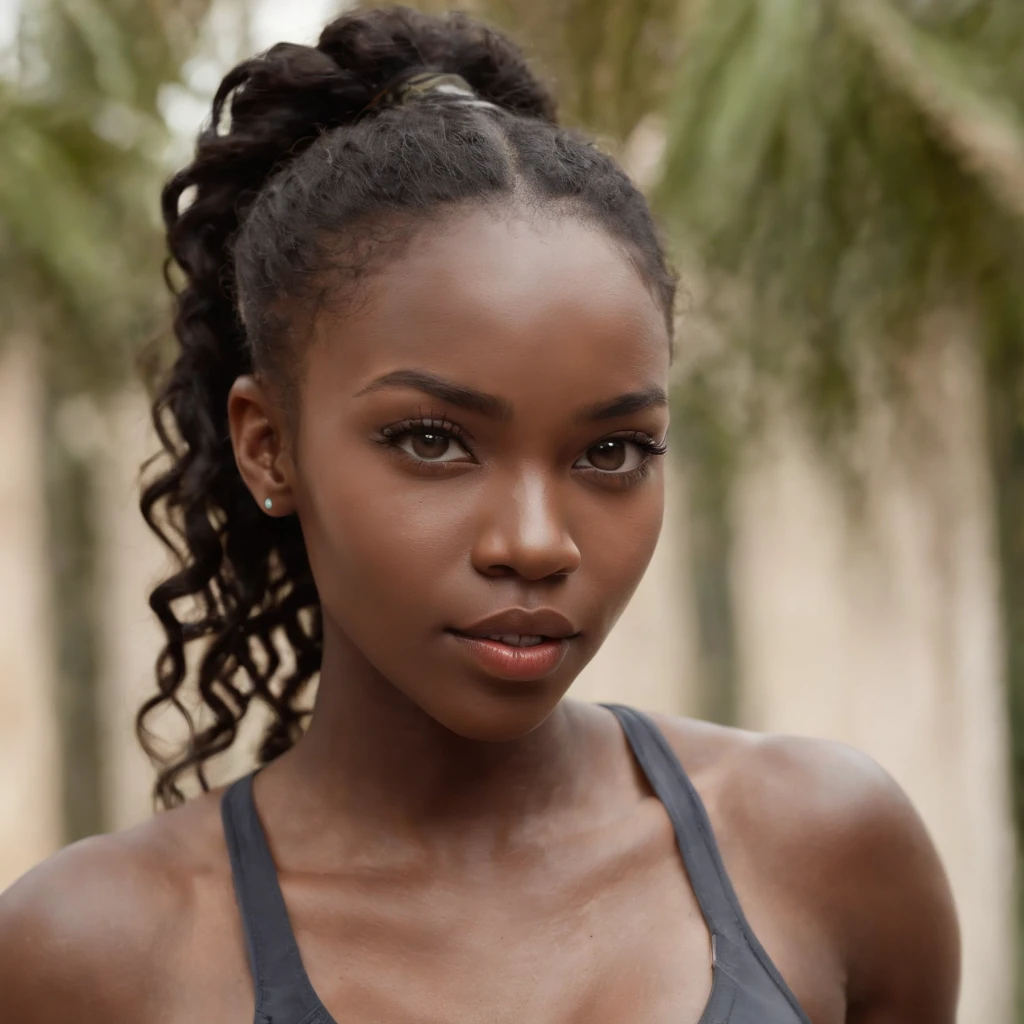 ((Dark African skin, Very deep ebony skin)), ((Its beauty is undeniable)), ((Excited cute face)), ((Hyper detailed perfect eyes,)), ((Language output)), ((Seductive)), sexy, ((sports underwear)), ((Afro ponytail with long African curly hair, lipstick, mascara)), ((skin)), ((sweaty body)), ((Looking at viewer)), ((full body)), ((squat)), ((gym)), Sharp Focus CGI, photorealistic, High detail, Realistic, Masterpiece, absurd, Best quality, Hdr, High quality, high-definition, Extremely detailed, 8k wallpaper, Intricate details, 8K UHD, Full-HD, (photo realist:1.2), contrast, intense illumination, lighting cinematic, natural lighting, Illumination globale, open mouth, African women, Female sexy.