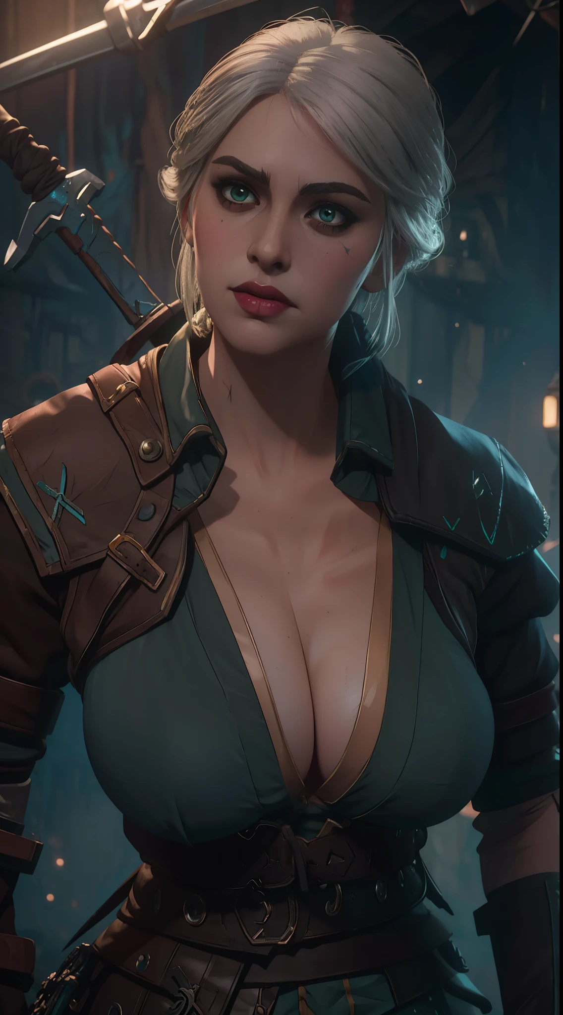 (masterpiece:1.3), (8k, photorealistic, RAW photo, best quality: 1.4), (1girl), (((Ciri from Witcher 3 with huge massive breasts))), overflowing cleavage, buttons straining, breast expansion,beautiful face, (realistic face), beautiful white hair, realistic green eyes, beautiful detailed green eyes, (realistic skin), beautiful skin, (sweater), absurdres, attractive, ultra high res, ultra realistic, highly detailed, golden ratio, deep cleavage,  sword hilt, ((facial curved scar  left cheek)), ((hilt  of sword Zireael)),