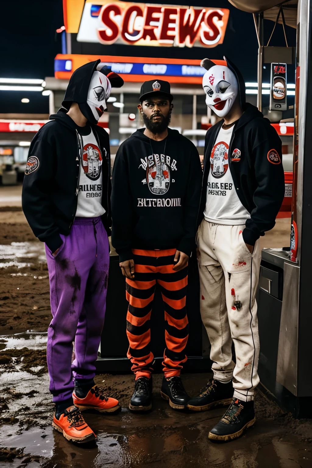 3 killer kreepy klowns wearing HBA 326 # scissoring in the mud in a gasstation a night