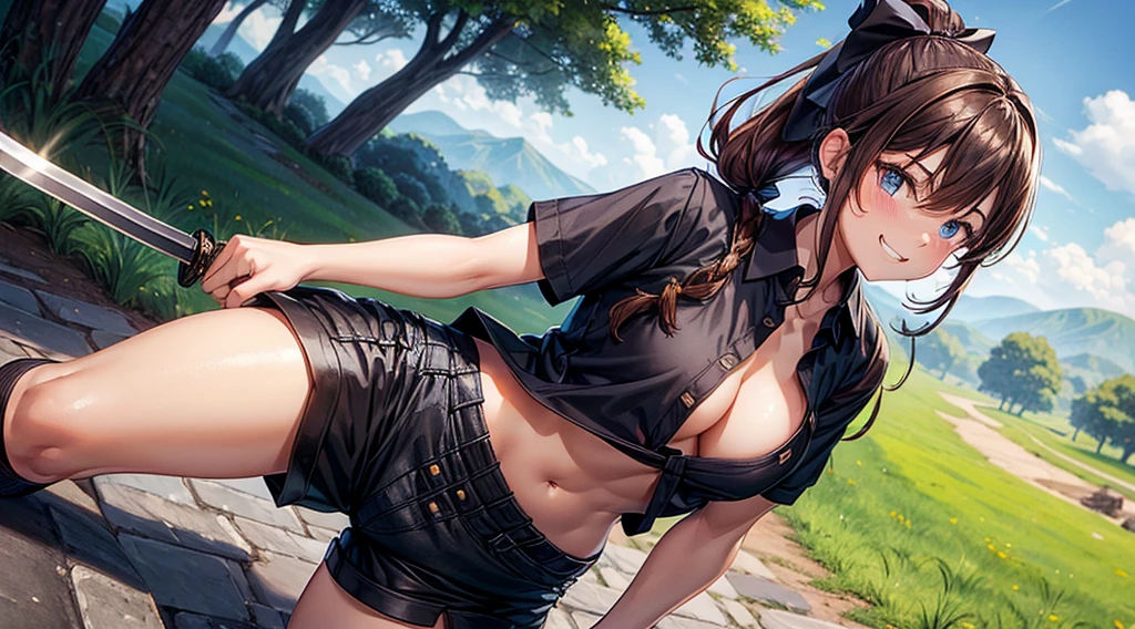 1girl, solo, full body, village, trees, brown hair, long hair, curly hair, ponytail, large breasts, button down shirt, ninja, ((black shirt)), ((unbuttoned shirt)), ((short sleeved shirt)), blue eyes, black shorts, samurai sword, grin, looking at the viewer, standng, hair ribbon, bandage