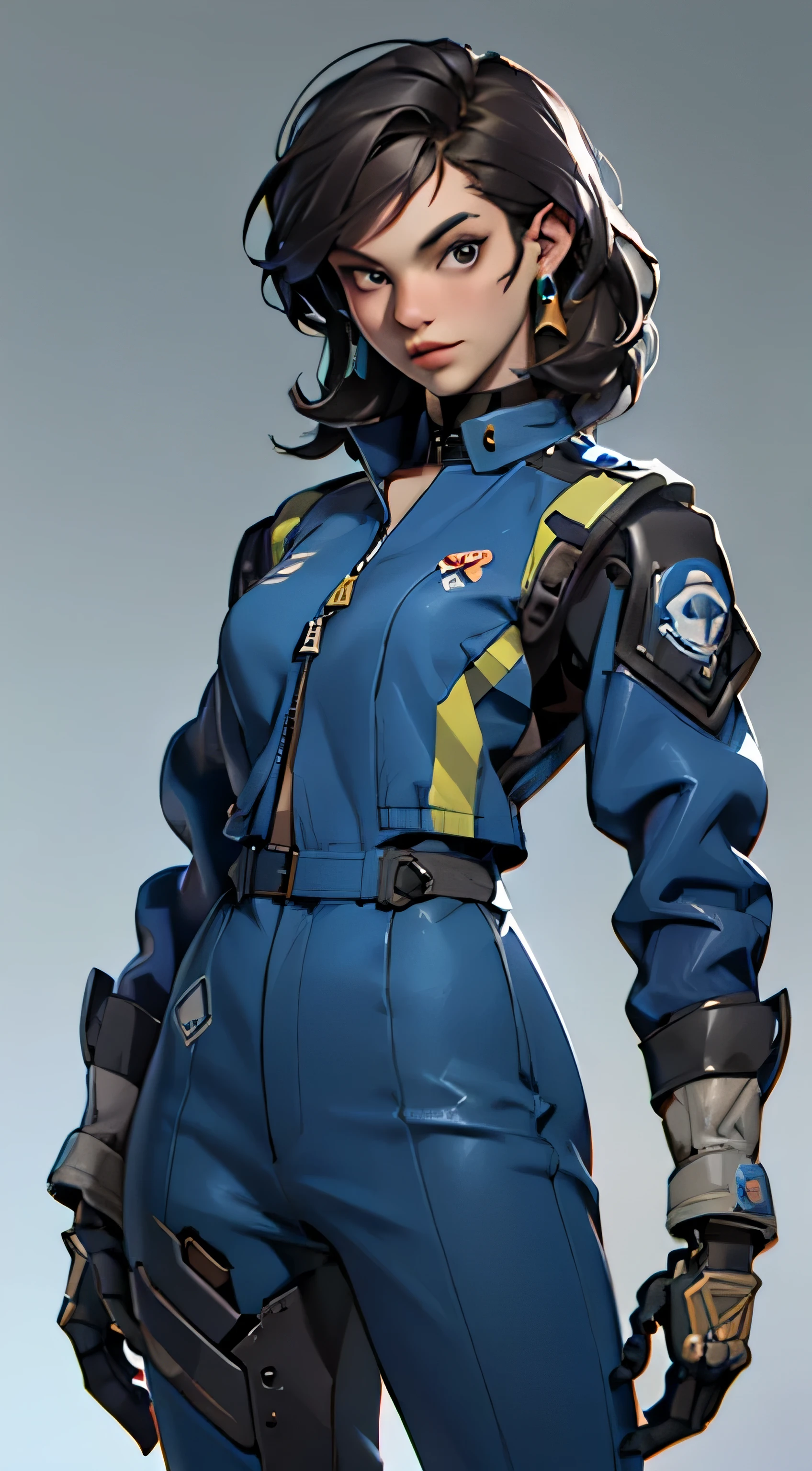 11:23(((Best quality: 1.4))),(Unbeatable masterpiece), (hyper HD),(Hyper-realistic 8k CG)、(dark colored hair)(((There are also some mecha accessories))), (((1 girl in))), The 25-year-old American soldier has a perfect figure,,Beautiful and well groomed face,heavy muscular figure:1.2,Solid royal blue jacket with details, (Pictures from head to thighs), Complex equipment, royal blue,long trousers,The clothes inside are dark,Clothes with armored metal electronic parts, Poison tattoos )