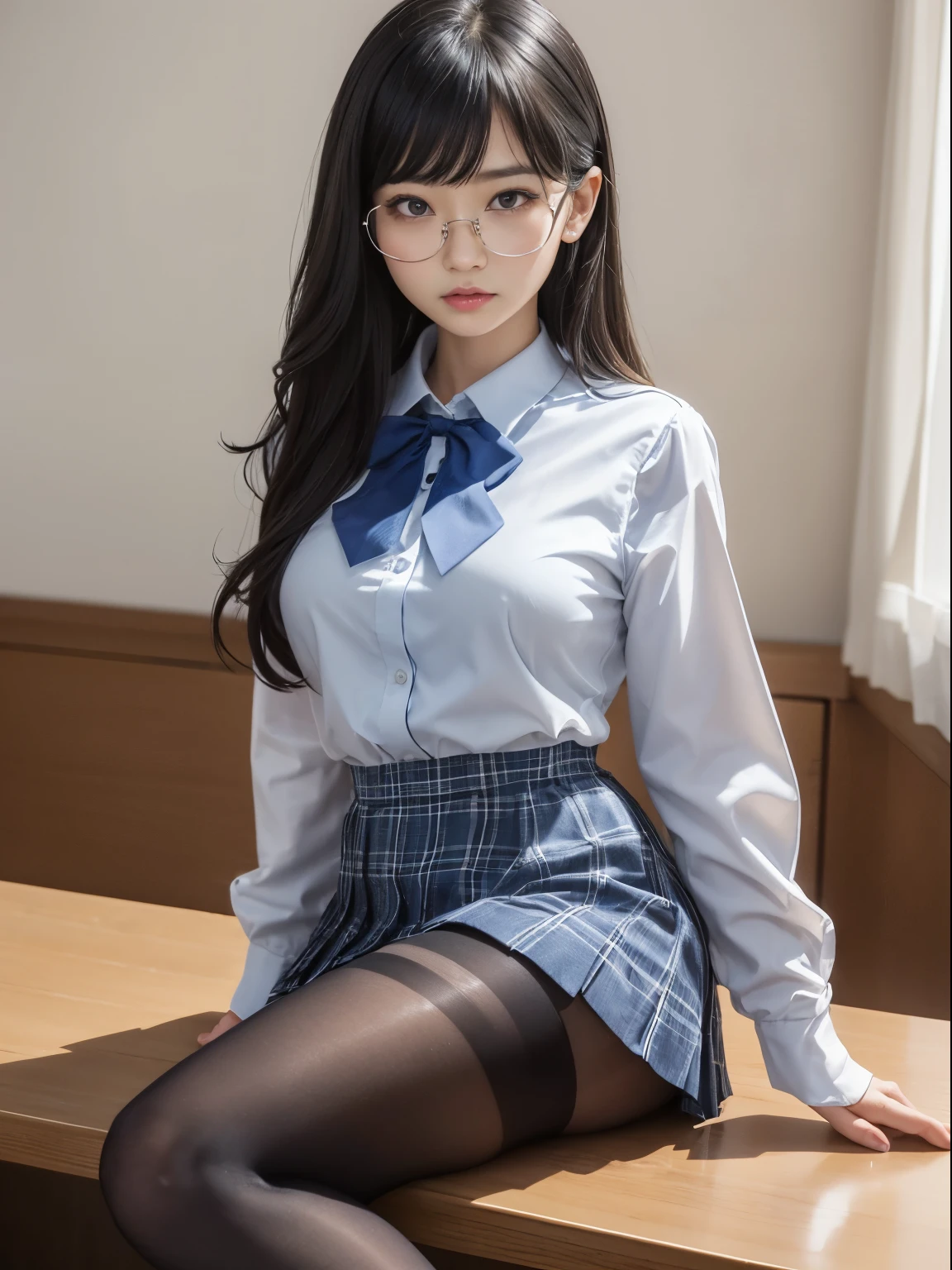 (I see underwear)、((細いThe eye))、((細いThe eye))、((細いThe eye))、(8K、生a picturegraphy、top-quality、masterpiece:1.2),、Has a small、(flat breast)、(flat breast)、(flat breast)、(flat breast)、(flat breast)、(being thin)、light skinned、skin whitening、Dark look、Rasping,glamor,light skinned肌,cocky,School,watching at viewers,Looking at the front,Muchimuchi,High-pitched clothing,Erotic,Pupils,de pele branca,kne,((Black pantyhose)),absurderes,a small face,,Forehead visible,Bangs hanging from the left and right sides of the forehead,(a cold expression,The eyeがきつめ,glares,Bullish,irate)、masterpiece,top-quality、超A high resolution,生a picture,ren,Beautiful fece,One Person, 独奏,eye glass,,Dark look,Small breasts,fullllbody,(まるeye glass),JK school uniform,hi-school girl,A Japanese Lady, (Photorealsitic:1.37)、Photon mapping,Realistic、Beautie,Cute little face,ブラウンThe eye、Black socks、(Red bow tie)、Radio City、Physically Based Rendering、depth of field rally background、a picture,Body,beauty legs, Long legs, Thin leg,(Bangs are visible), hair, s lips, Blue_The eye, nosesoft,(Light blue shirt), (Navy and blue and white plaid pleated skirt), kneが見える,Sheer clothing,, Thigh, Black cotton socks,Nogizaka Idol, , Japanese ido