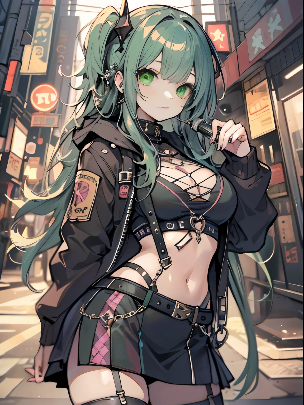 best qualtiy, 超A high resolution, A detailed face, A detailed eye, ((deep green color:1.3)), 1girll, Beautuful Women, large full breasts, jaket, a miniskirt, punk fashion,