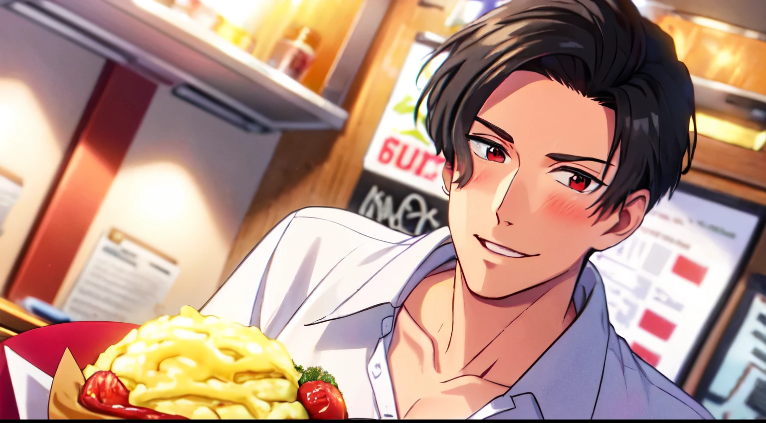 masterpiece, 1Man, solo, luci, red eyes, black hair, blush, light smile, white blouse, restaurant, food, look at viewers