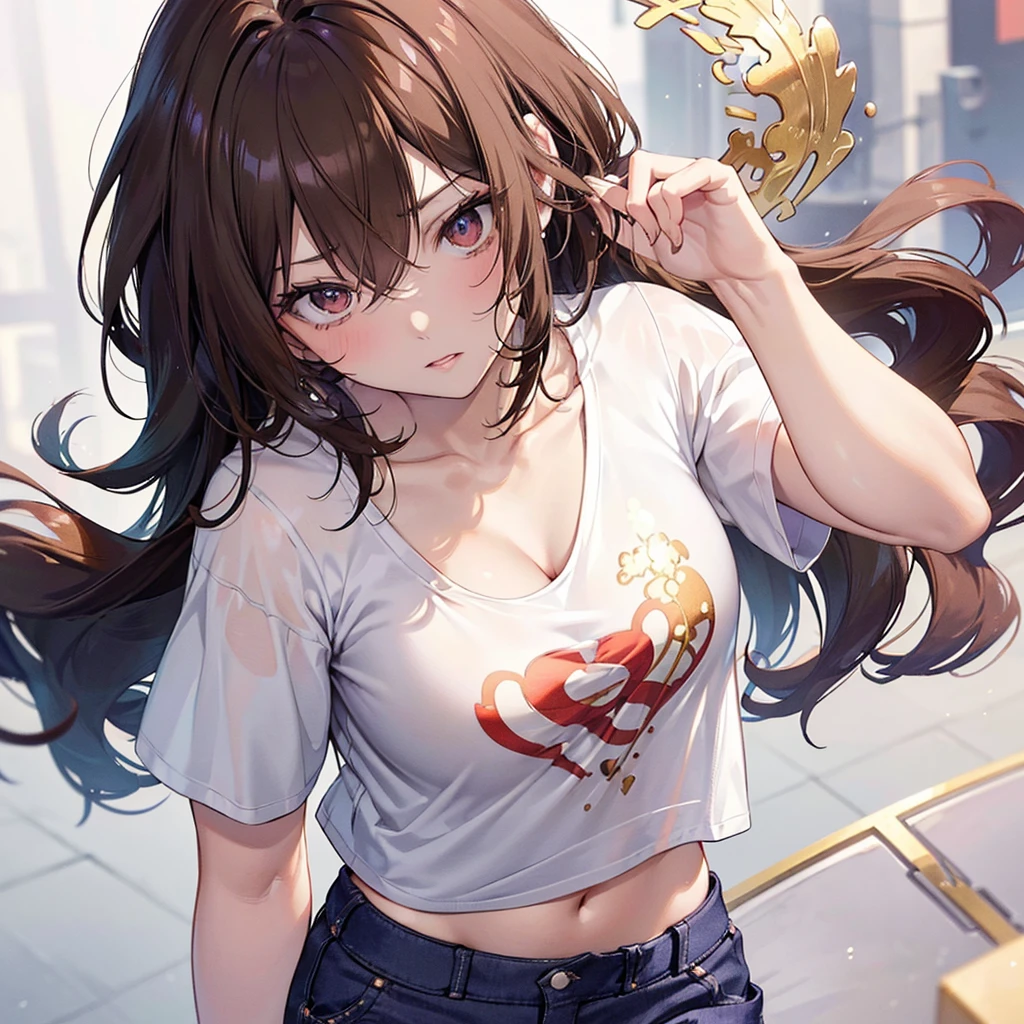 (masutepiece, Best Quality: 1.4), (max resolution: 1.2), (Ultra HDTV: 1.2), cinematric light, 8K resolution, Detailed eyes and skin, detailed facial features, Perfect limbs, Perfect fingers, Anatomically accurate body, Fingers in natural shape, Realistic texture, (The focus is on the upper body:1.2), Perfect Style, (Beautiful face, kawaii eyes, Clear eyes), acurate, Anatomically correct, Highly detailed face and skin texture, Detailed eyes, Double eyelids, Thin eyebrows, Glitter Eyeliner: 1 Natural cheeks, Glossy skin, Fair skin: 1.2, (Glossy lips: 1.4), (Shy look: 1.2), (#Slim waist), Full body like, (shiny lips: 1.1), (large full breasts:1.7), red blush, Neat and clean woman, ((20yr old)), (Brown hair, curlyhair, Fetishes, Lustrous hair), (Small T-shirt, shortpants:1.5),